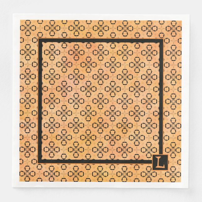 Monogram Orange and Black Retro Pattern Paper Dinner Napkins (Front)