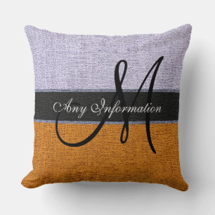 Monogram Orange and Silver Burlap Rustic Jute Throw Pillow
