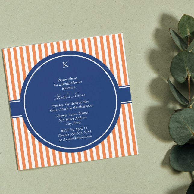 Monogram Orange and White Stripes with Royal Blue Invitation