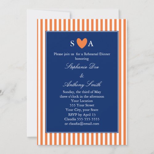 Monogram Orange and White Stripes with Royal Blue Invitation