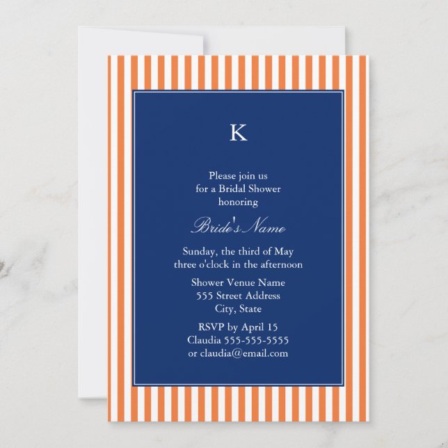Monogram Orange and White Stripes with Royal Blue Invitation (Front)