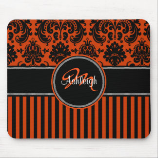 Monogram Orange Black White Stripe Damask Mousepad