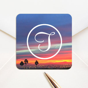 Monogram orange blue clouds sunset photo custom square sticker