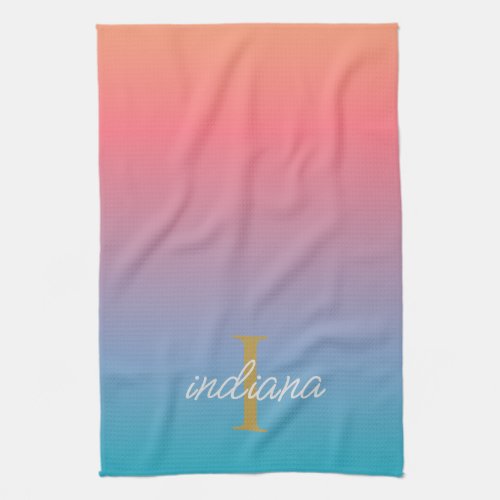 Monogram Orange Blue Ombre Modern Script Name Kitchen Towel