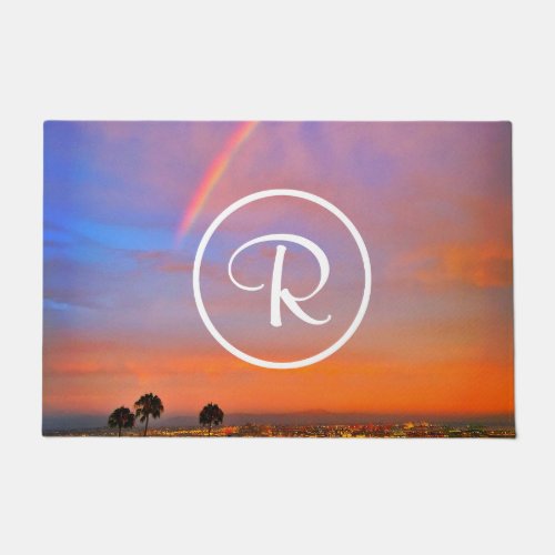 Monogram Orange Blue Sunset Rainbow Photo Modern Doormat