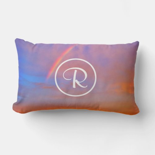 Monogram Orange Blue Sunset Rainbow Photo Modern Lumbar Pillow