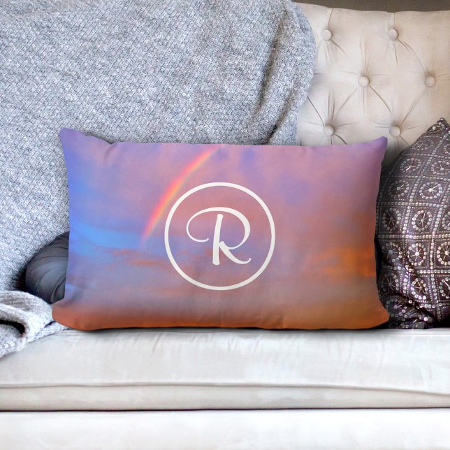 Monogram Orange Blue Sunset Rainbow Photo Modern Lumbar Pillow (Creator Uploaded)