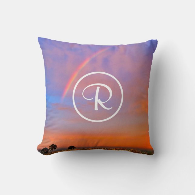 Monogram Orange Blue Sunset Rainbow Photo Modern Throw Pillow (Front)
