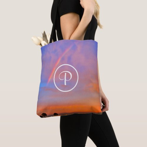 Monogram Orange Blue Sunset Rainbow Photo Modern Tote Bag