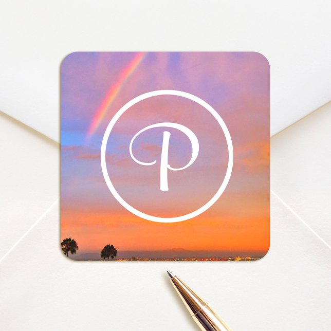 Monogram Orange Blue Sunset Rainbow Photography Square Sticker (Creator Uploaded)