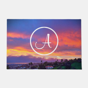 Monogram Orange Blue Yellow Sunset Coastal Photo Doormat
