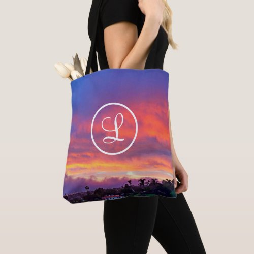 Monogram Orange Blue Yellow Sunset Coastal Photo Tote Bag