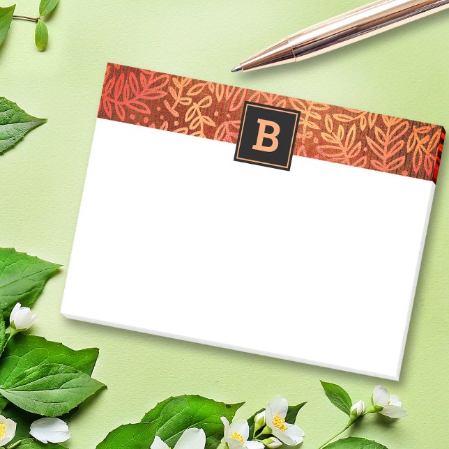 Monogram orange botanical leaf pattern modern  post-it notes (Creator Uploaded)