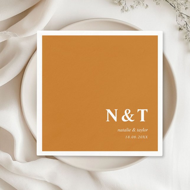 monogram orange-brown napkins (Monogram, modern, simple, elegant orange-brown napkins, with your names and date.)