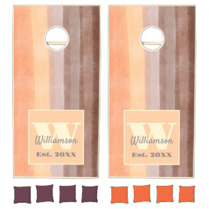 Monogram orange brown retro stripes boho ombre cornhole set