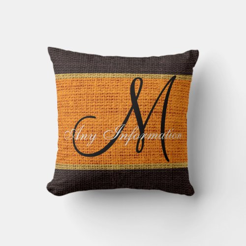 Monogram Orange  Brown Rustic Burlap Jute Throw Pillow