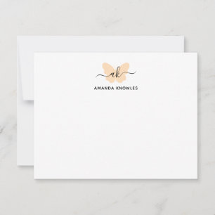 Monogram Orange Butterfly Minimalist Girly Script Note Card