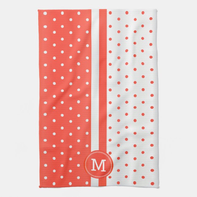 Monogram Orange Coral and White Polka Dot Kitchen Towel (Vertical)