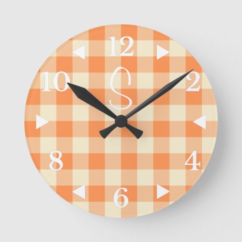 Monogram Orange Cream Plaid Farmhouse Round Clock