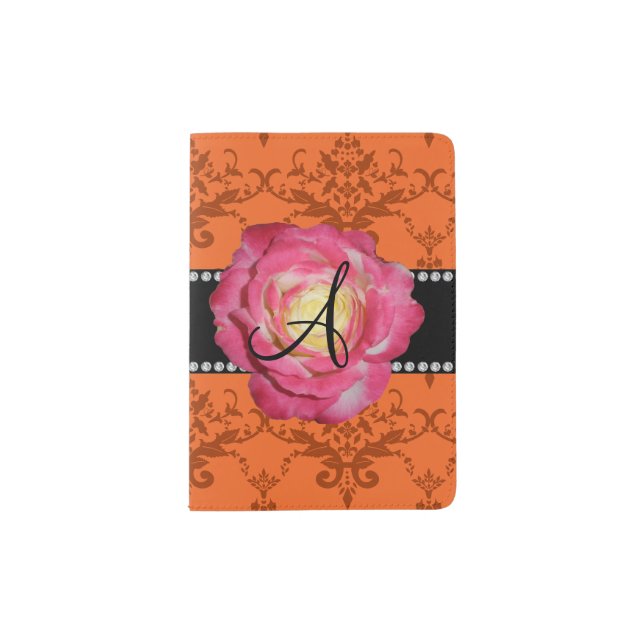 Monogram orange damask pink rose passport holder (Front)