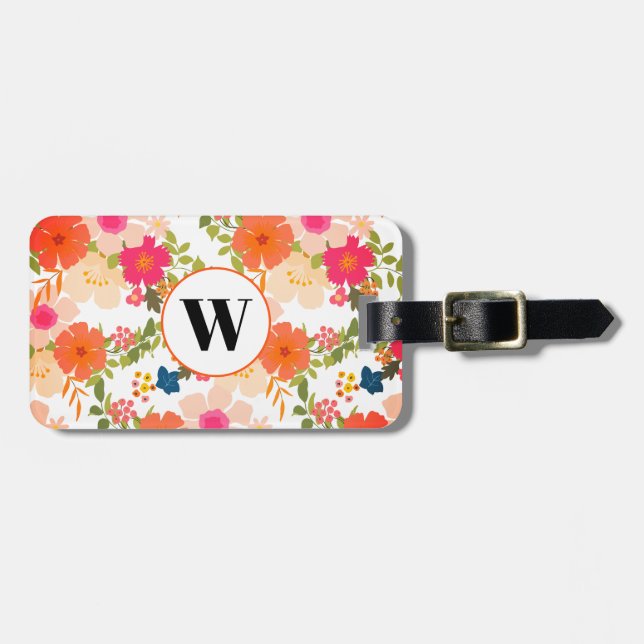 Monogram Orange Floral Botancial Luggage Tag (Front Horizontal)