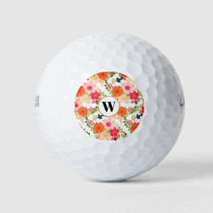 Monogram Orange Floral Watercolor Golf Balls