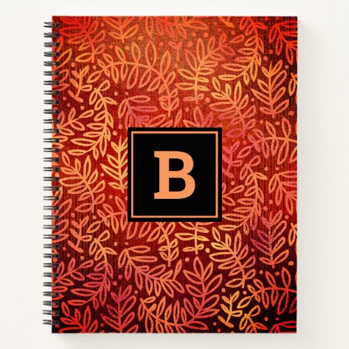 Monogram orange foliage leaves pattern modern notebook