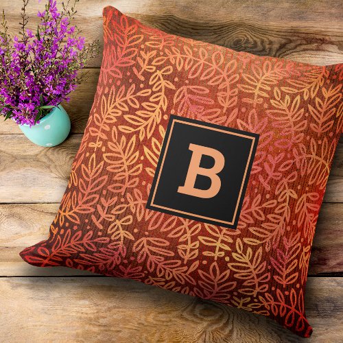 Monogram orange gold leaf pattern foliage modern throw pillow