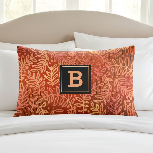 Monogram orange gold ombre leaf pattern modern pillow case (Creator Uploaded)