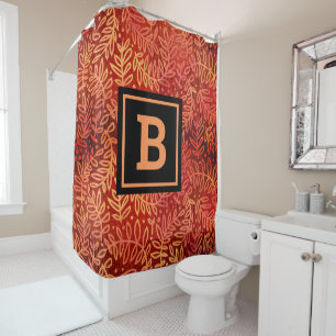 Monogram orange gold ombre leaf pattern modern shower curtain