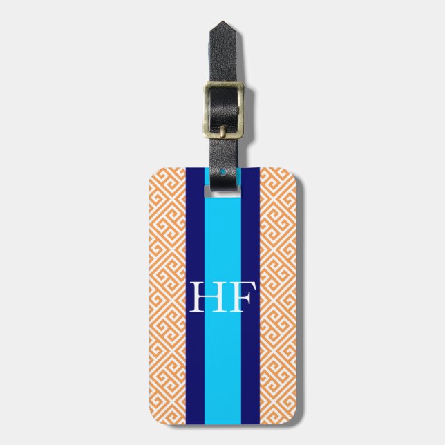 Monogram Orange Greek Key Luggage Tag (Front Vertical)