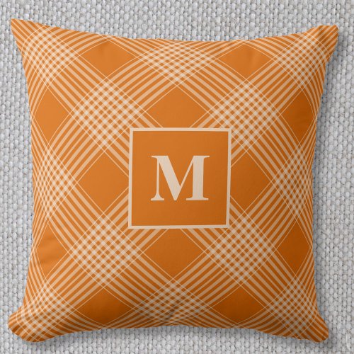 Monogram Orange Plaid October Decor 16x16 Throw Pillow