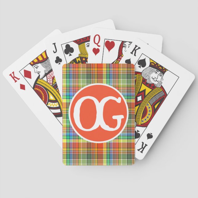 Monogram Orange Plaid Personalized Colorful Poker Cards (Back)