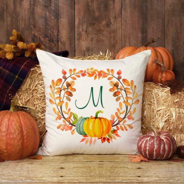 Monogram Orange Plaid Tartan Fall Pumpkin Floral Throw Pillow (Creator Uploaded)