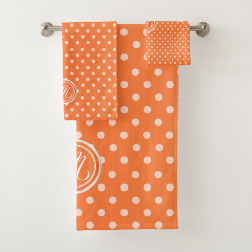 Monogram Orange Polka Dots Pattern Bath Towel Set