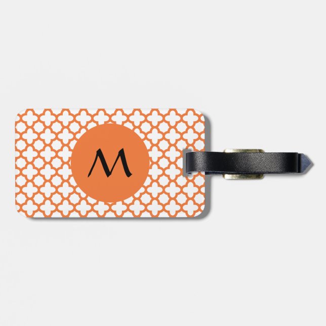 Monogram Orange Quatrefoil Pattern Luggage Tag (Back Horizontal)