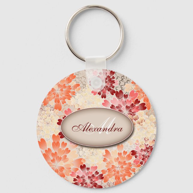 Monogram Orange Red & Cream Flowers Retro Keychain (Front)