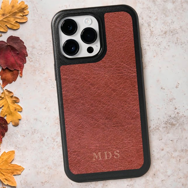 Monogram Orange Red Faux Leather Look Oxblood Otterbox iPhone Case (A faux and fabulous leather look phone case with space for your initials)