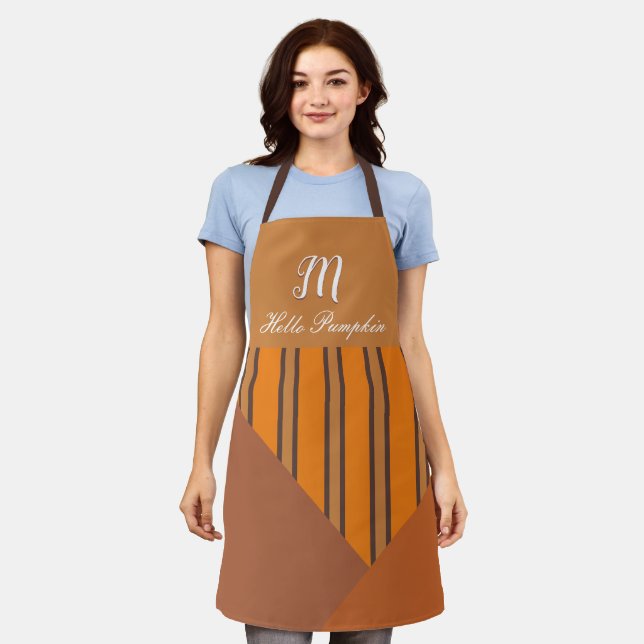 Monogram Orange Stripes Brown Fall Colors Apron (Worn)