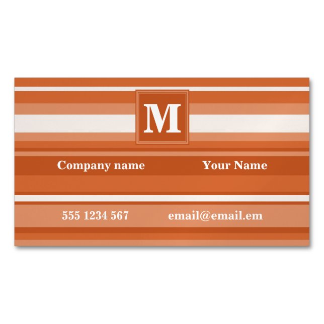 Monogram orange stripes business card magnet (Front)