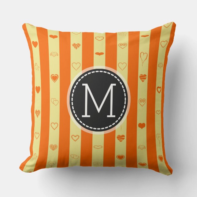 Monogram Orange Stripes Modern Heart Pattern Throw Pillow (Front)
