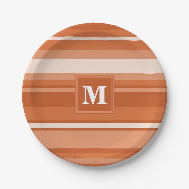 Monogram orange stripes paper plates (Front)