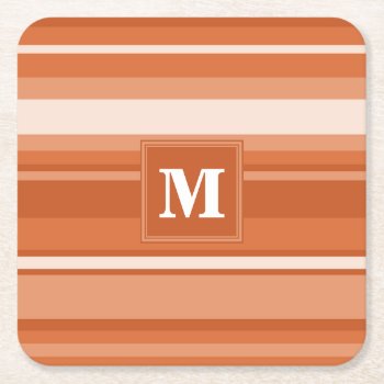 Monogram Orange Stripes Square Paper Coaster by FarmingBackwards at Zazzle