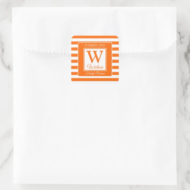 Monogram Orange Stripes Summer Family Reunion Square Sticker (Bag)