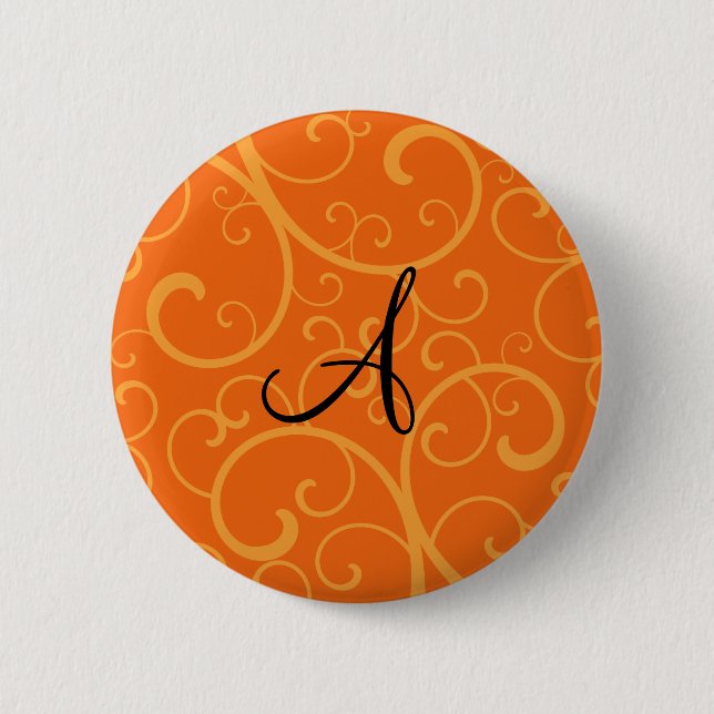 Monogram orange swirls pinback button (Front)