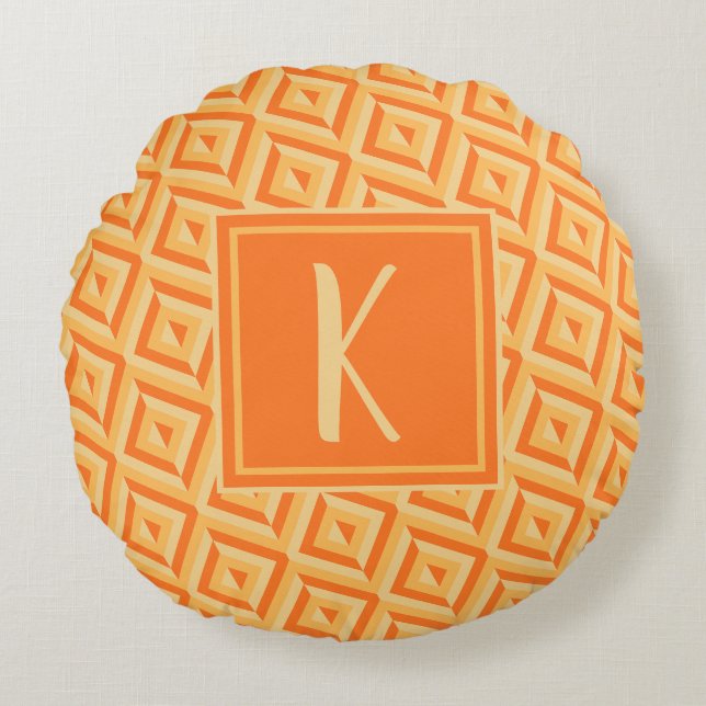 Monogram Orange Three-Tone Diamond Pattern Round Pillow (Front)