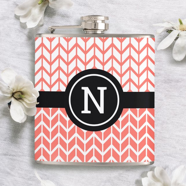 Monogram Orange White Chevron Pattern Bold Modern Flask (Creator Uploaded)