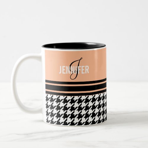 Monogram orange white houndstooth name Two_Tone coffee mug