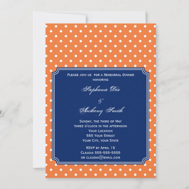Monogram Orange, White Polka Dot with Royal Blue Invitation (Front)