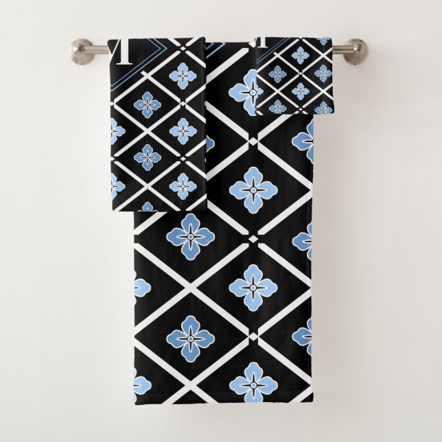 Monogram Oriental Blue Sakura Pattern Bath Towel Set (Insitu)